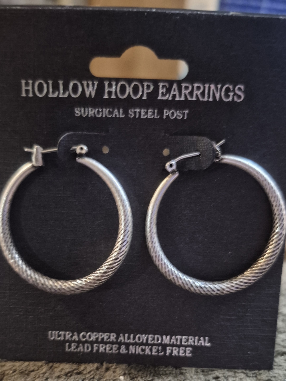 Textured Silver Hollow Hoop Earrings with Surgical Steel Posts
